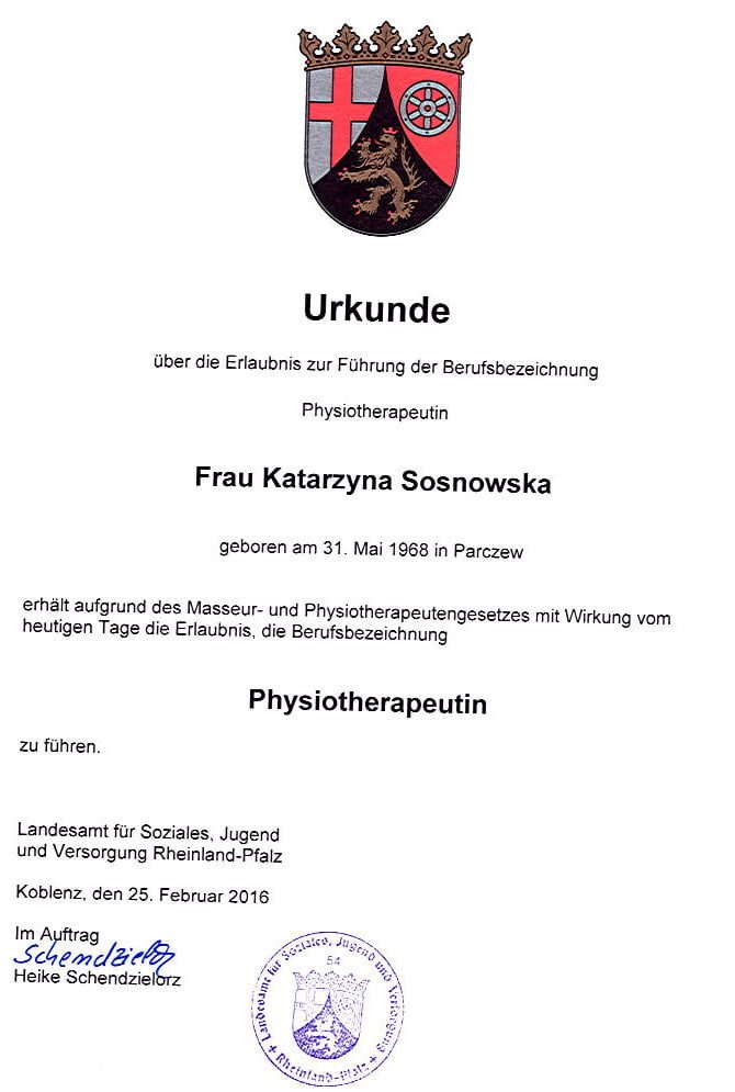 Urkunde über die Erlaubnis zur Führung der Berufsbezeichnung Physiotherapeutin