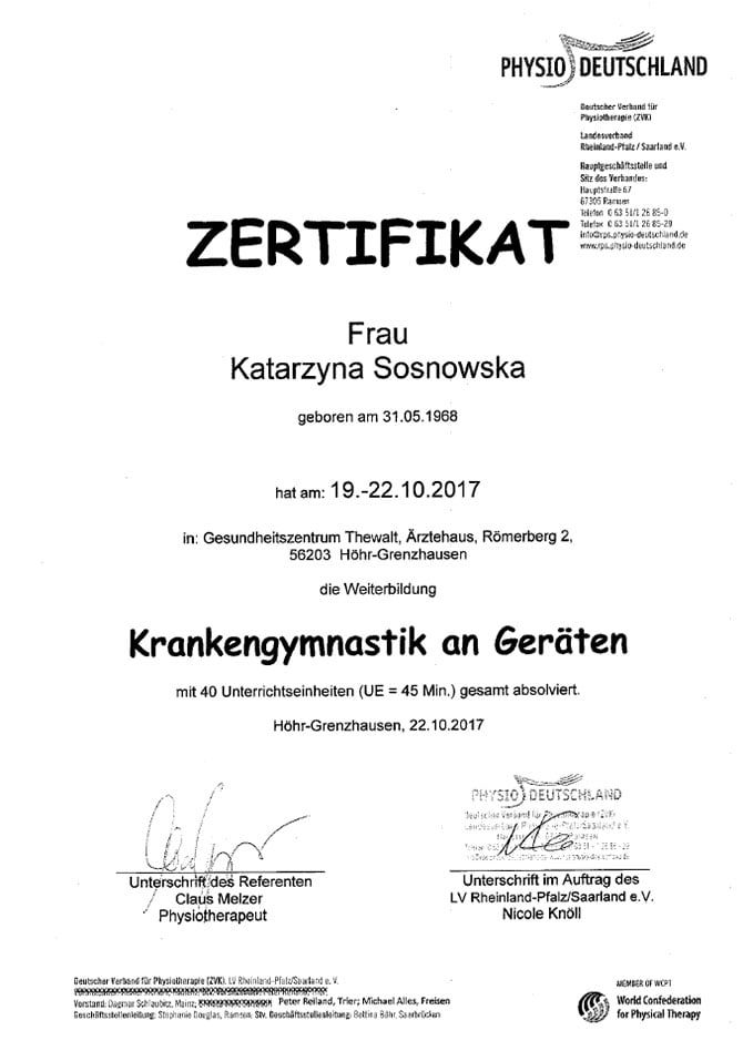 Zertifikat Weiterbildung Krankengymnastik an Geräten